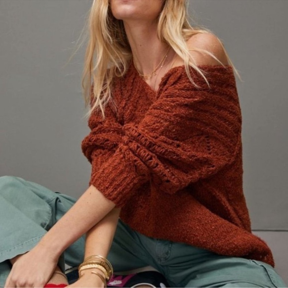 Anthropologie Pilcro Luna Pointelle Tunic Sweater Cider Brown Size XS